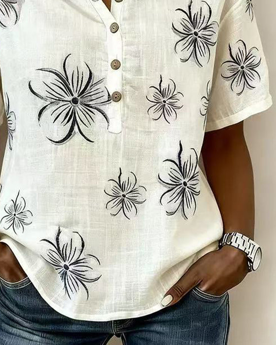 Bluse Crew Neck Knappestrop Blomstret Casual