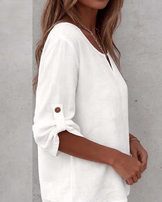 Bluse Ensfarvet Casual Knap