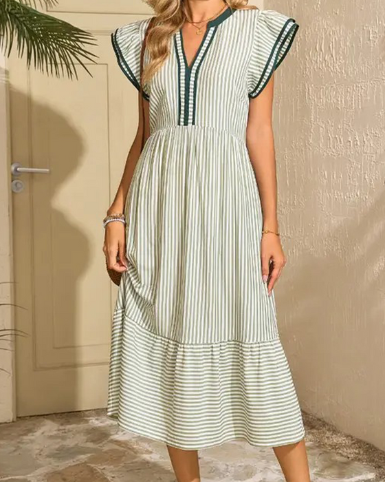 Kjole Stribet Dobbelt Rynke Kortærmet
