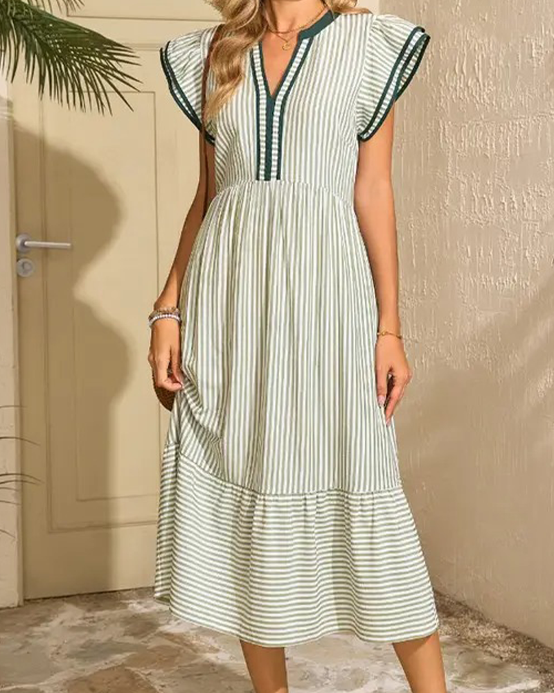 Kjole Stribet Dobbelt Rynke Kortærmet