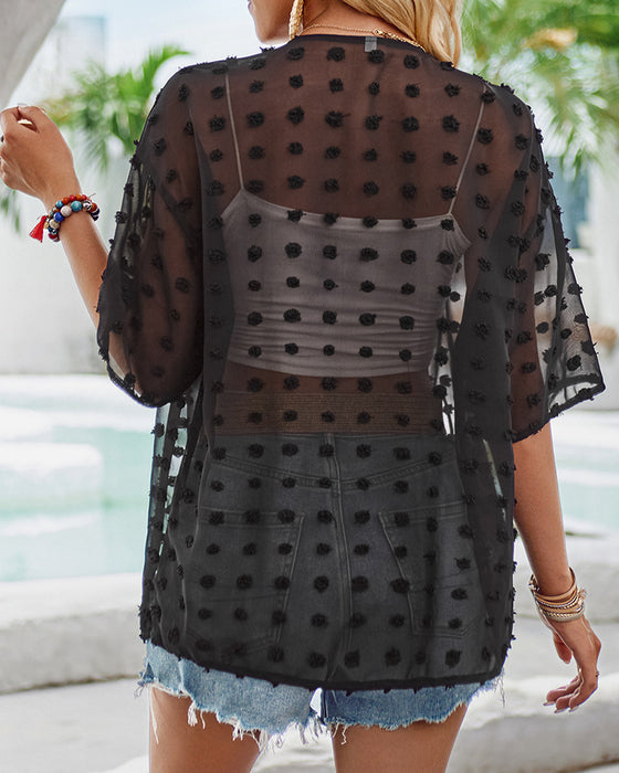 Ensfarvet tynd jacquard cardigan med korte ærmer