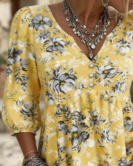 Bluse V-Hals 3/4 Ærme Blomstret