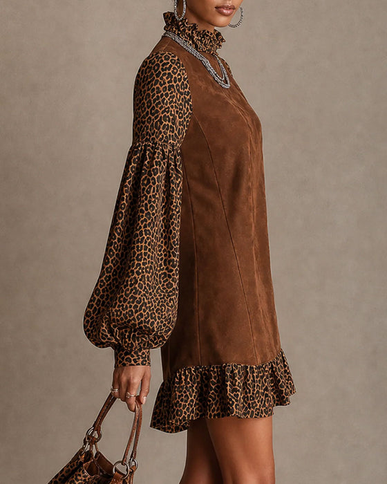Kjole Leopard Tryk Lanterne Ærme Rynket Lige Mini