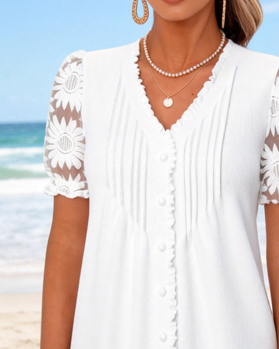 T-Shirt V-Hals Knap Plisseret Blonder Patchwork