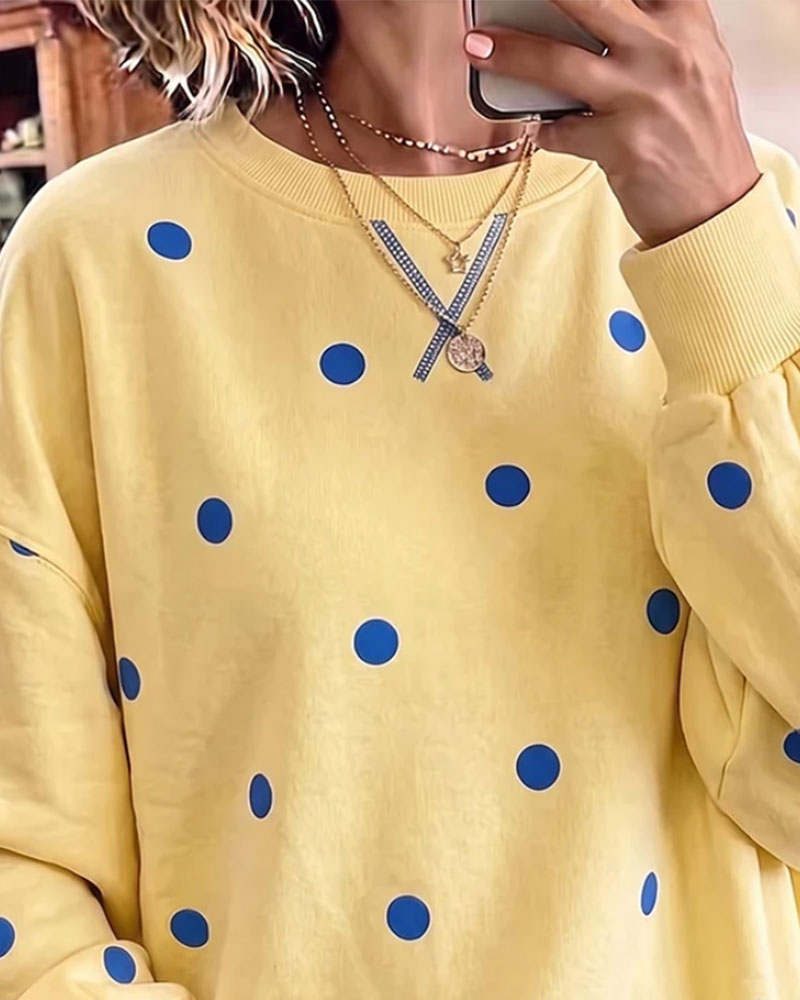 Sweatshirt Rund Hals Polka Dot Slids Drop Skulder Asymmetrisk