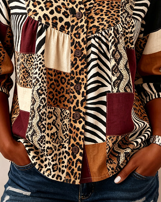 Bluse Leopard Farveblok V-Hals