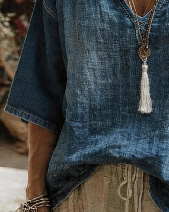 Top V-Hals Denim Halv Ærme