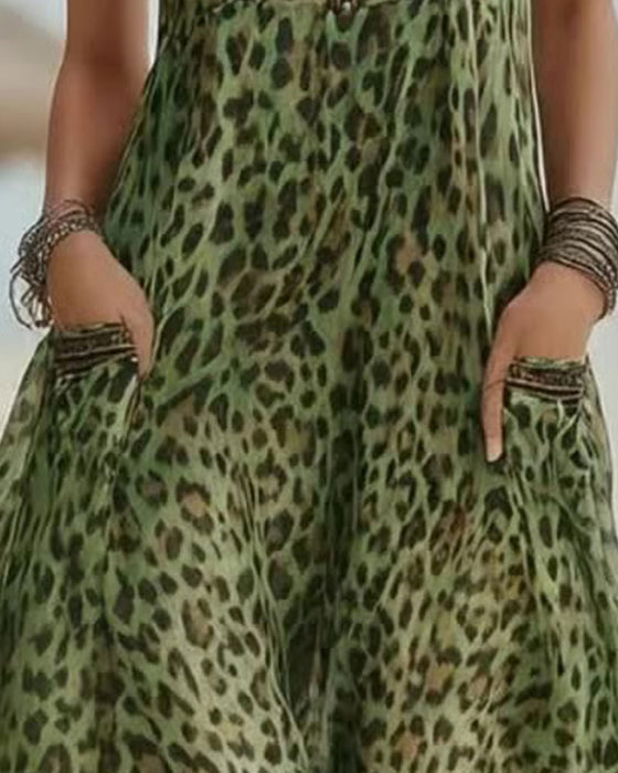 Kjole Leopardprint Halv Lynlås Ærmeløs Lang