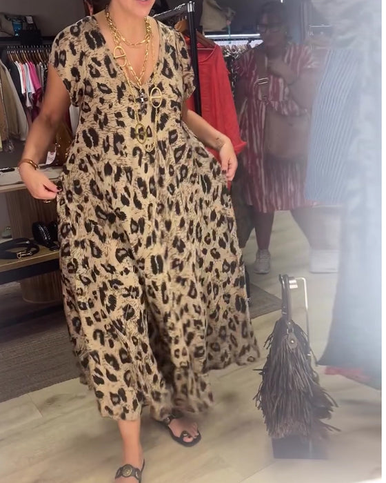 Kjole V-Hals Leopard Fuld Nederdel