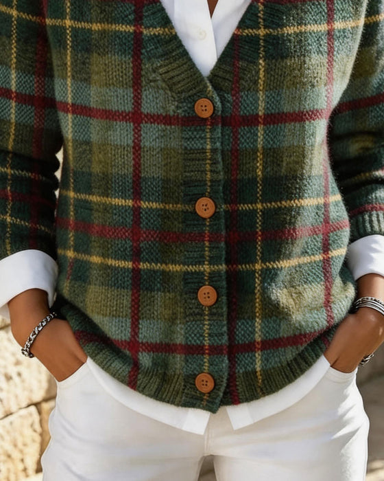 Cardigan Vintage Rutemønster V-Hals Knap