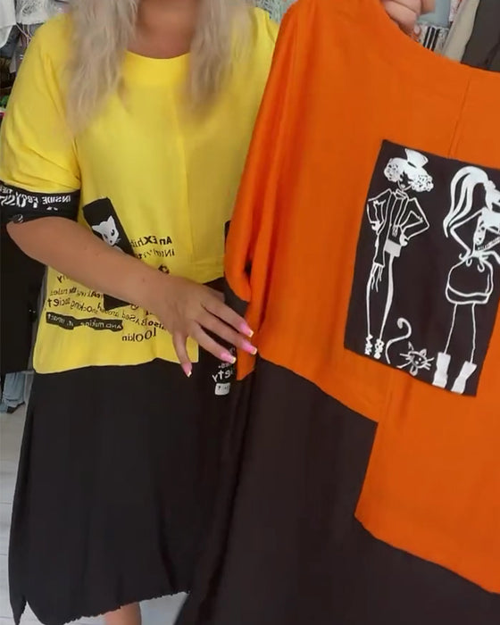 Kjole Rund Hals Farveblok T-Shirt