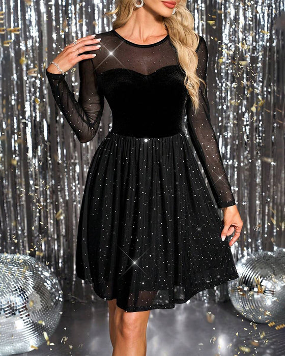 Kjole Glitrende Mesh Fløjl Patchwork A-Line