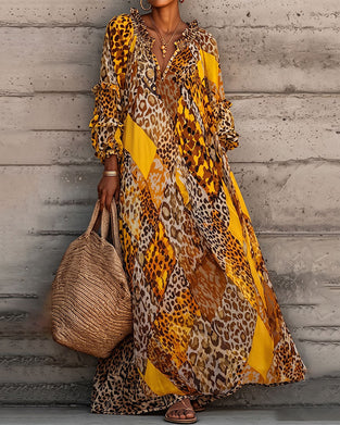 Kjole Leopard Farveblok Ruffle V-Hals