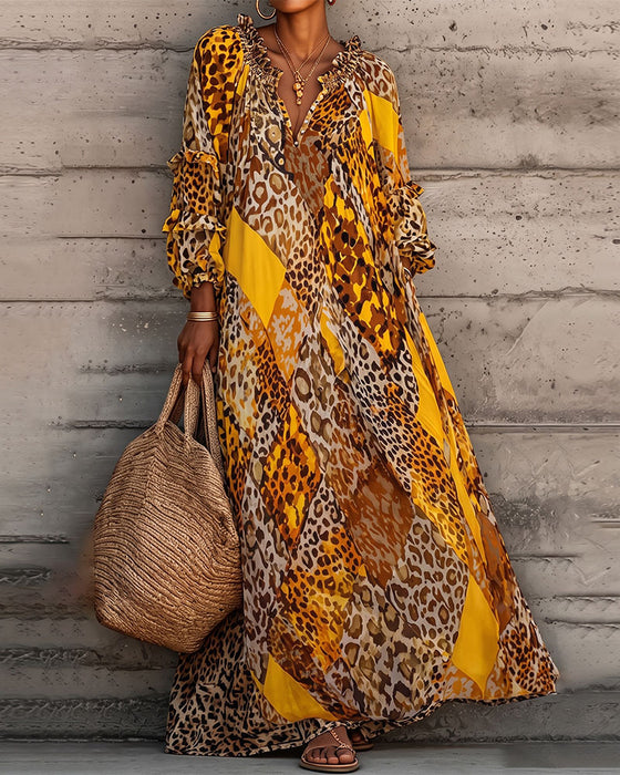 Kjole Leopard Farveblok Ruffle V-Hals