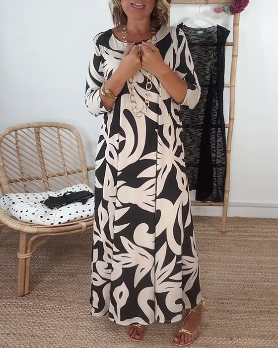 Kjole Med Rund Hals Og Lange Ærmer Med Print