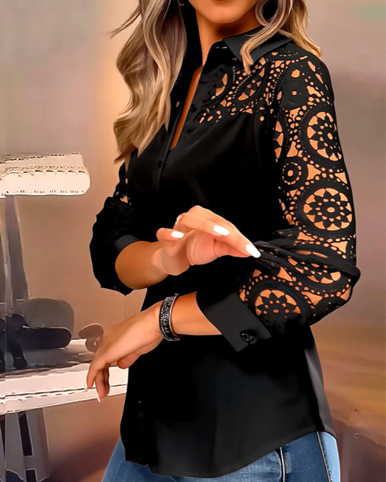 Bluse Ensfarvet Lapeler Blonder Patchwork