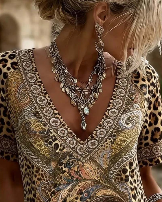 Bluse V-Hals Leopard Tryk Kort Ærme Afslappet