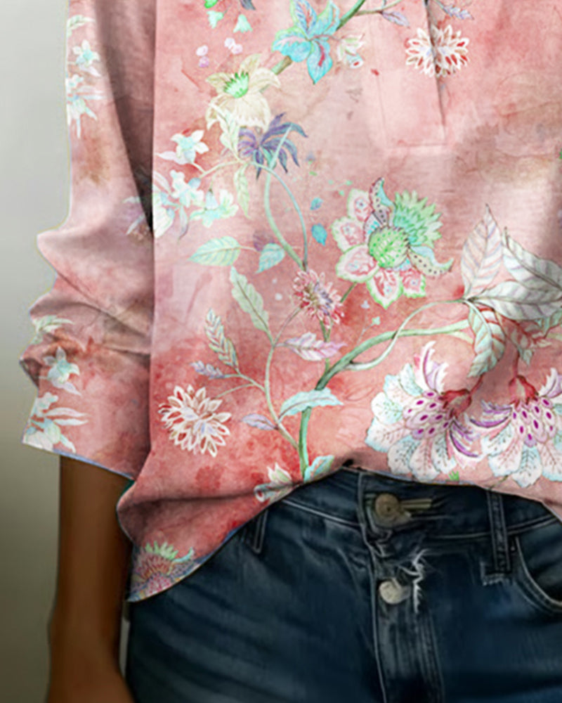 Bluse Stående Krave Langærmet Blomstret