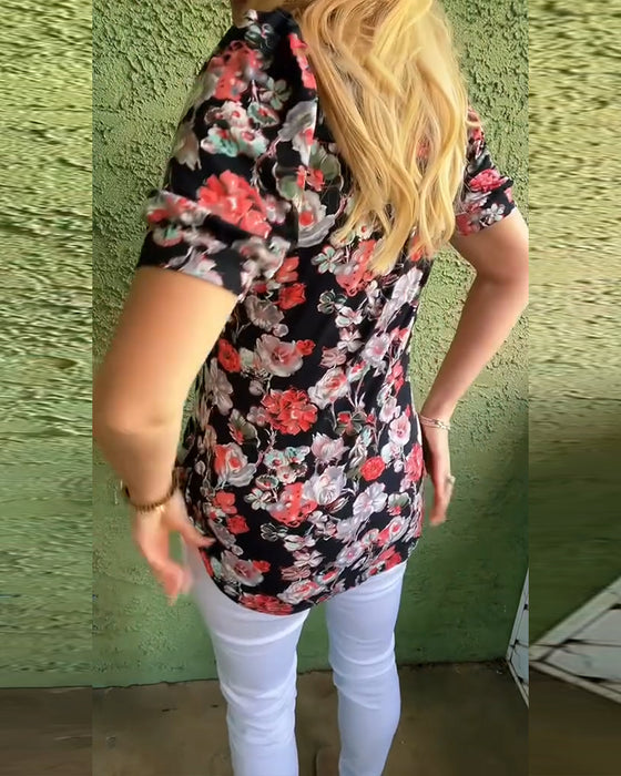 Bluse Rund hals Pufærme Plisseret Blomstret