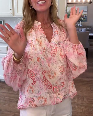 Bluse Med Ballonærmer Og Blomstermønster