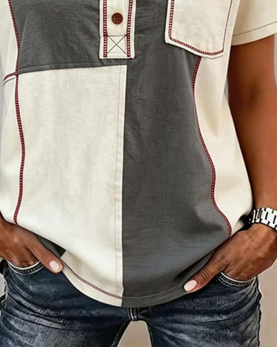 T-Shirt Kontrastfarve Rundhalset Knap Patchwork