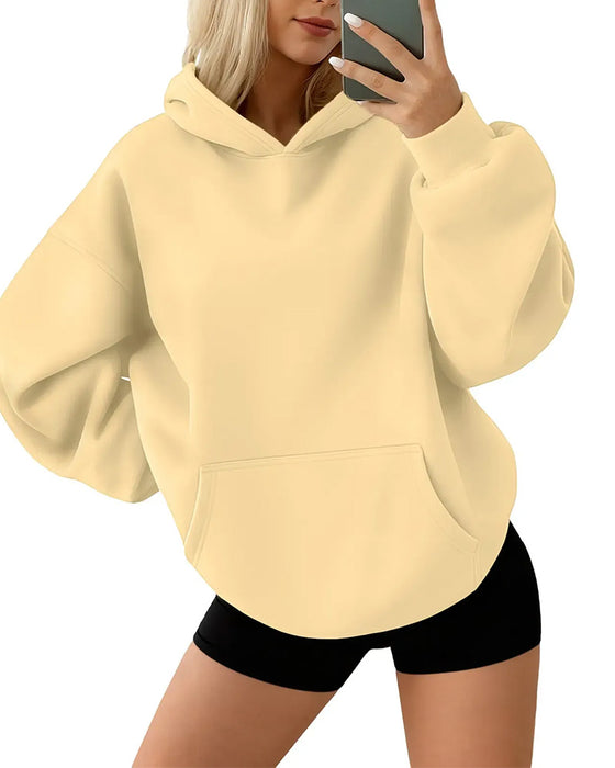 Hoodie Med Hætte Lomme Solid Løs