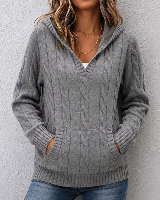 Pullover Cable Knit Med Hætte