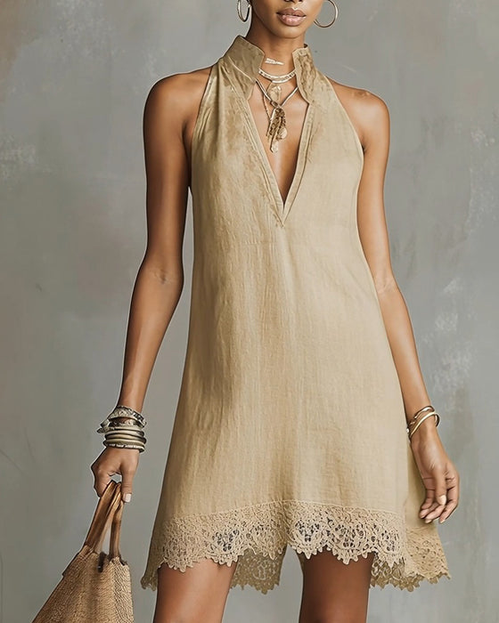 Kjole V-Hals Blonde Trim Kort