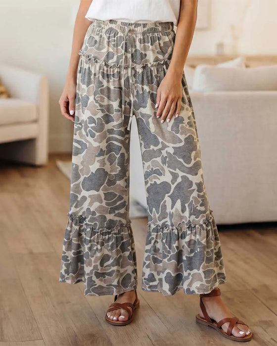 Bukser Elastisk Talje Camouflage Ruffle Capri
