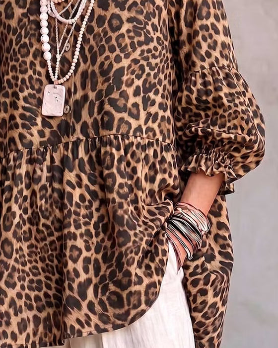 Top Leopard Tryk Rynke Trim Knap