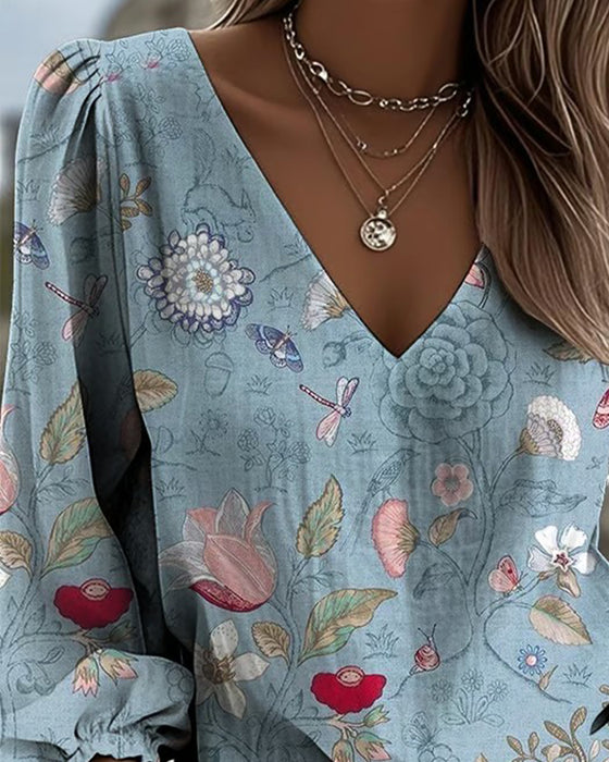 Bluse Med Blomster- Og Insektprint Puffærmer