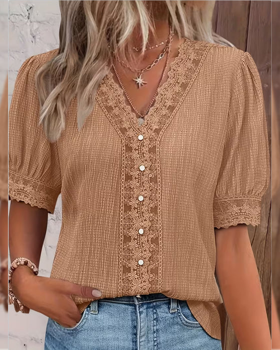 Bluse Blonde Patchwork V-Hals Puf Ærme