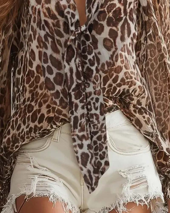 Skjorte V‑hals Leopardmønster Gennemsigtig Langærmet