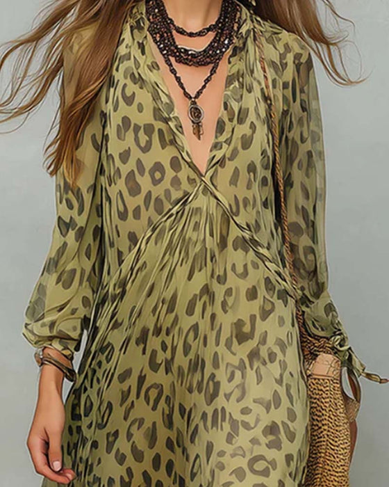 Kjole V-Hals Lang Ærme Leopard Maxi