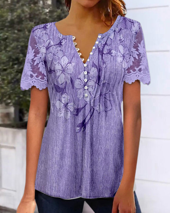 Bluse Med Blondedetalje Rund Hals Trykt