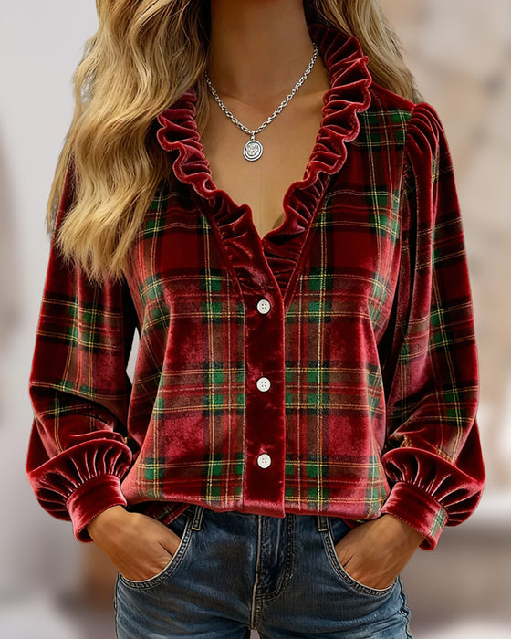 Top Med Volangerdetaljer, V-Krage Design Och Sammetstoff