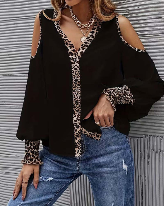 Bluse Off-Skulder Leopard Patchwork Lang Ærme