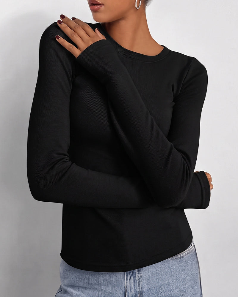 T-Shirt Rund Hals Slim Fit Lang Ærme Solid