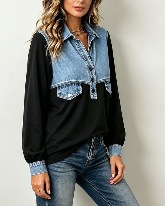 Sweatshirt Skjortekrave Lomme Patchwork