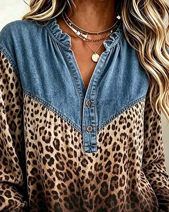 Top Denim Patchwork Leopardmønster Langærmet