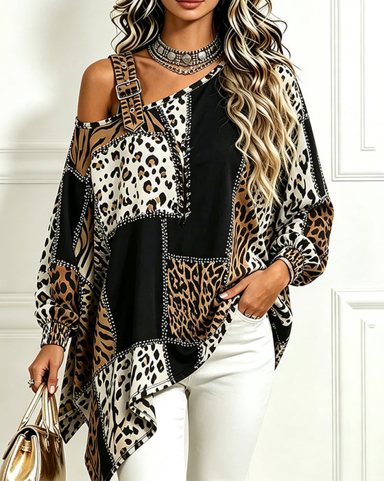 Bluse Leopard Tryk Patchwork Asymmetrisk Hals Lang Ærme