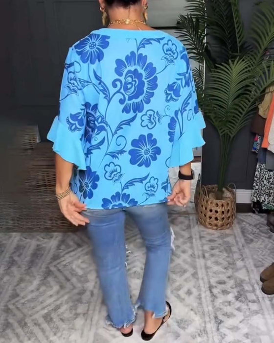 Bluse Løs Kortærmet Tryk