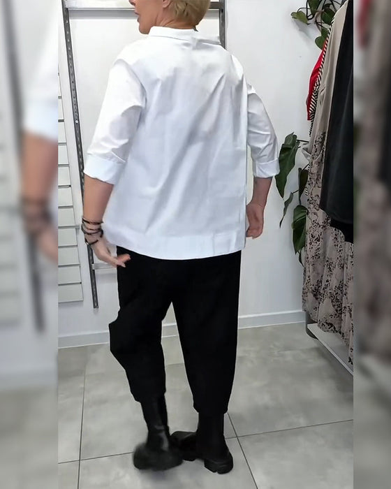 100% Bomuld Bluse Vid Krave Ensfarvet Casual