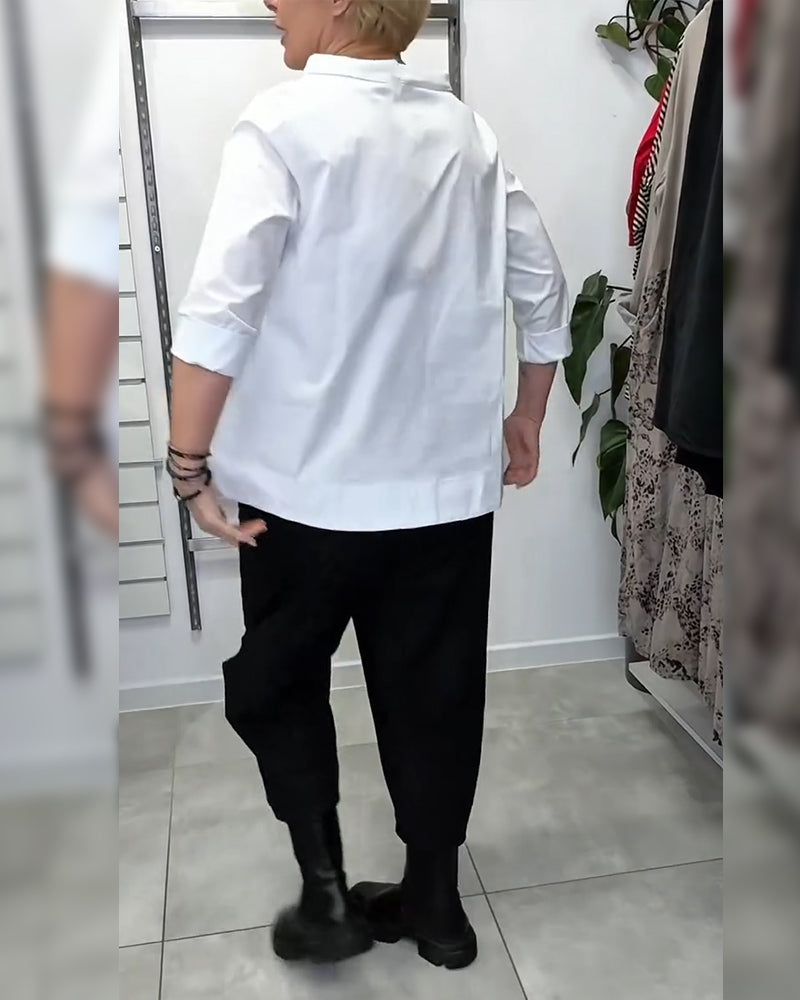 100% Bomuld Bluse Vid Krave Ensfarvet Casual