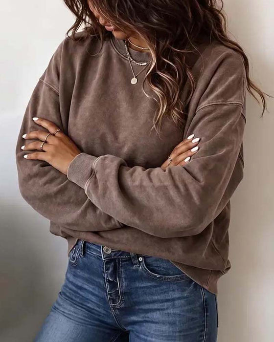 Sweatshirt Rund Hals Nedfalds Skulder Lang Ærme Løs