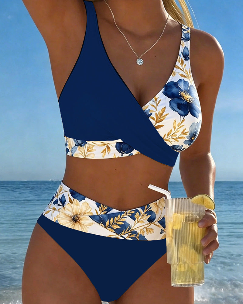 Bikini Blomstret Farveblok Patchwork