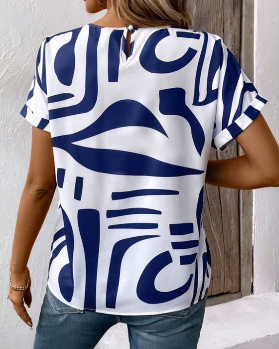 T-Shirt Rund Hals Kort Ærme Geometrisk Tryk