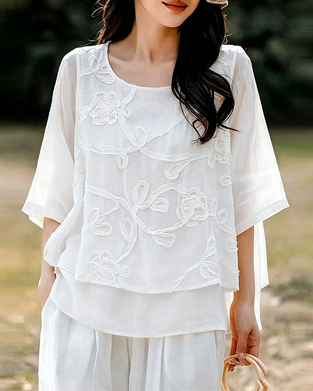 Bluse Enfarvet Rund Hals