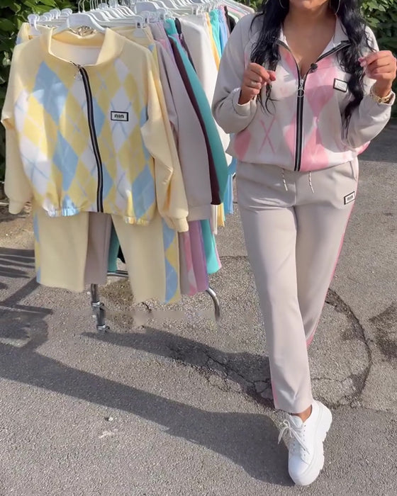 Todelt Sæt Ternet Top Med Lynlås Og Bukser