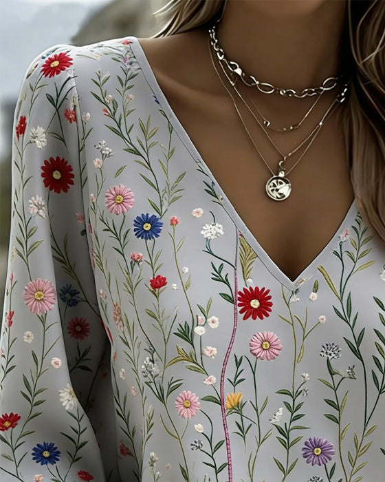 Bluse Blomstertryk Boble Ærme V-Hals